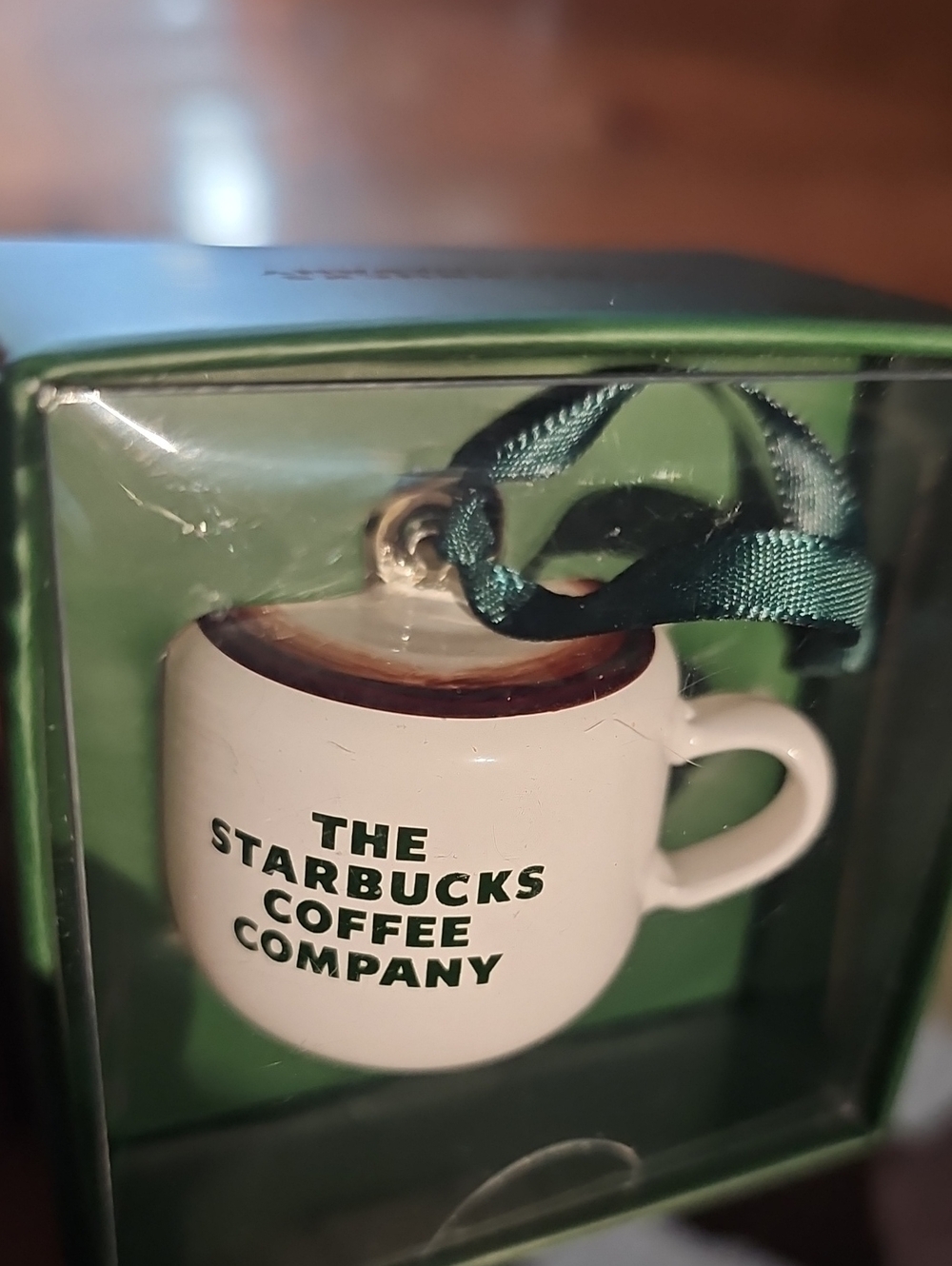 Starbucks White Mini Mug Ornament with Green Ribbon